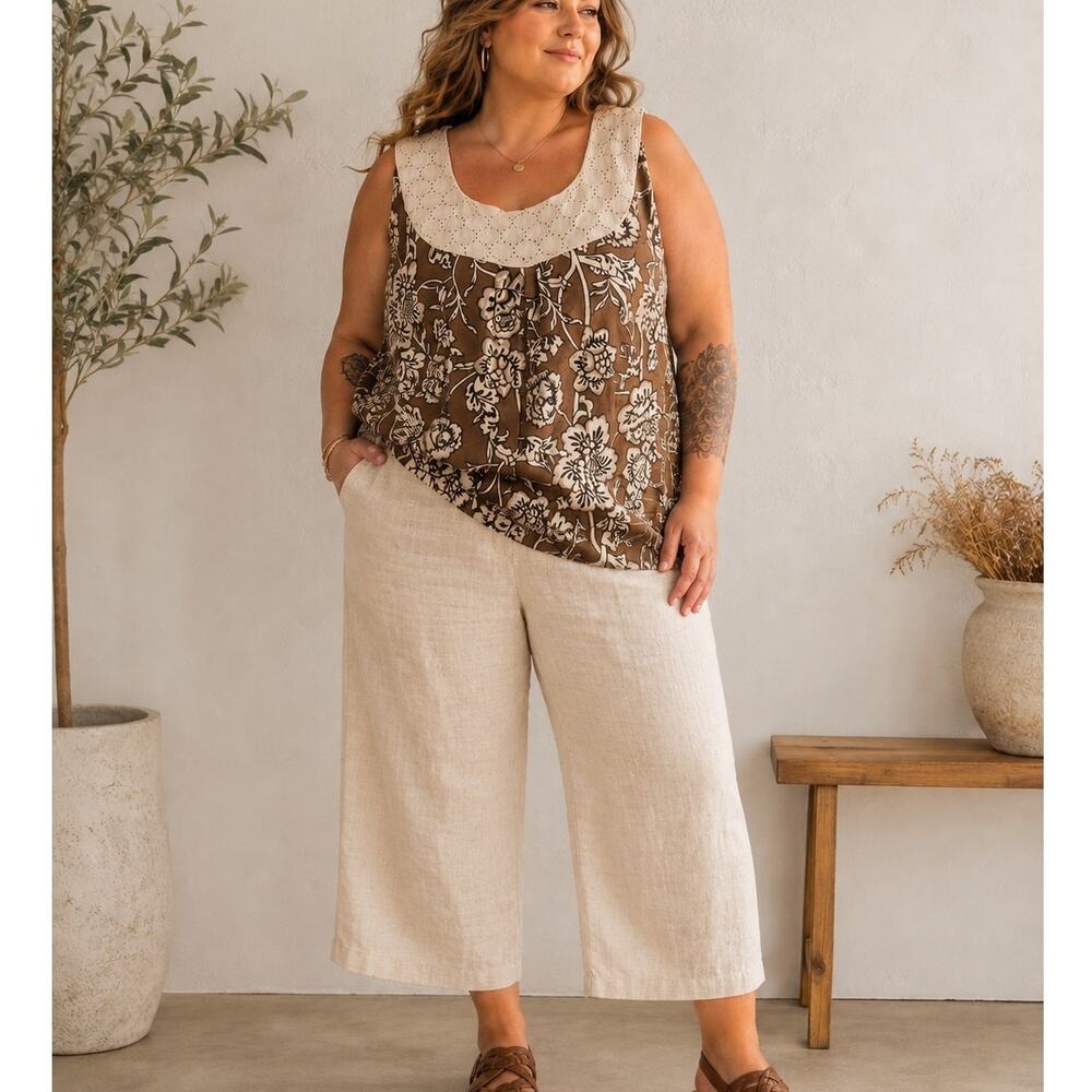 Alexandra Bartlett Woman Linen Tank Neutrals Crochet Floral Top Blouse Size 1X